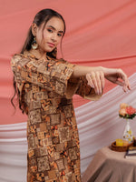 Thumbnail for Yufta Cotton Brown Digital Printed Workwear Co-Ord Set With Pintuck Detailing On Sleeves