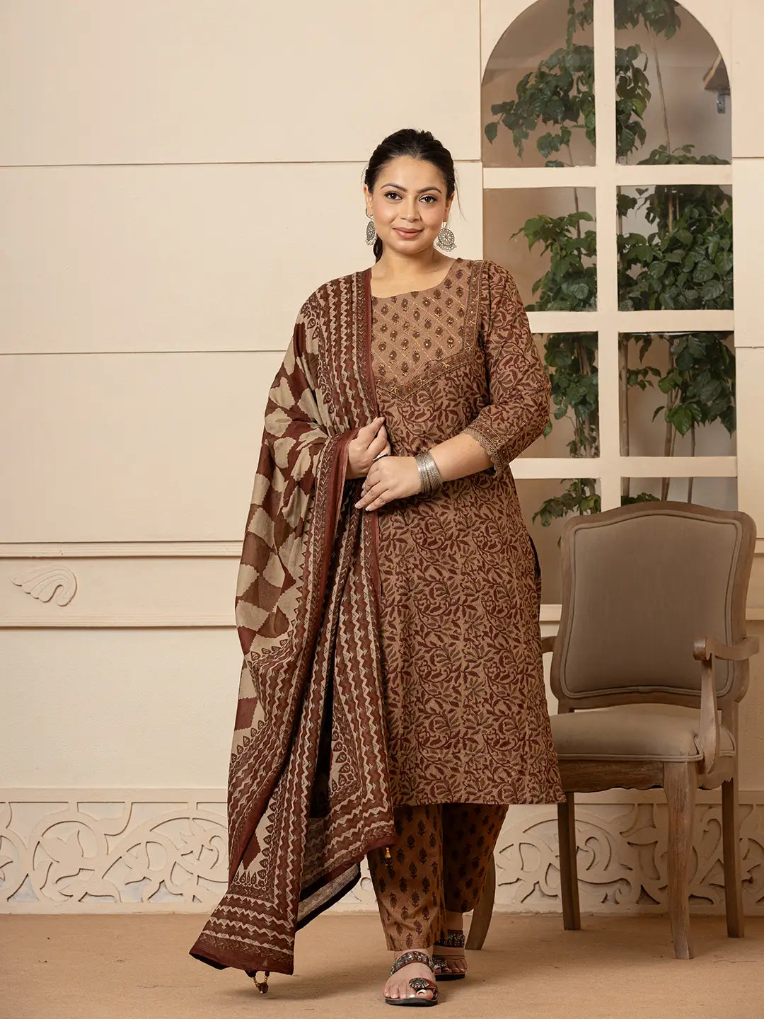 Yufta Cotton Brown Kantha_Work Plus Size Kurta Dupatta Pant Set - Distacart
