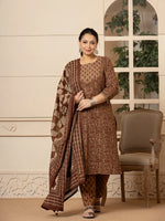 Thumbnail for Yufta Cotton Brown Kantha_Work Plus Size Kurta Dupatta Pant Set - Distacart