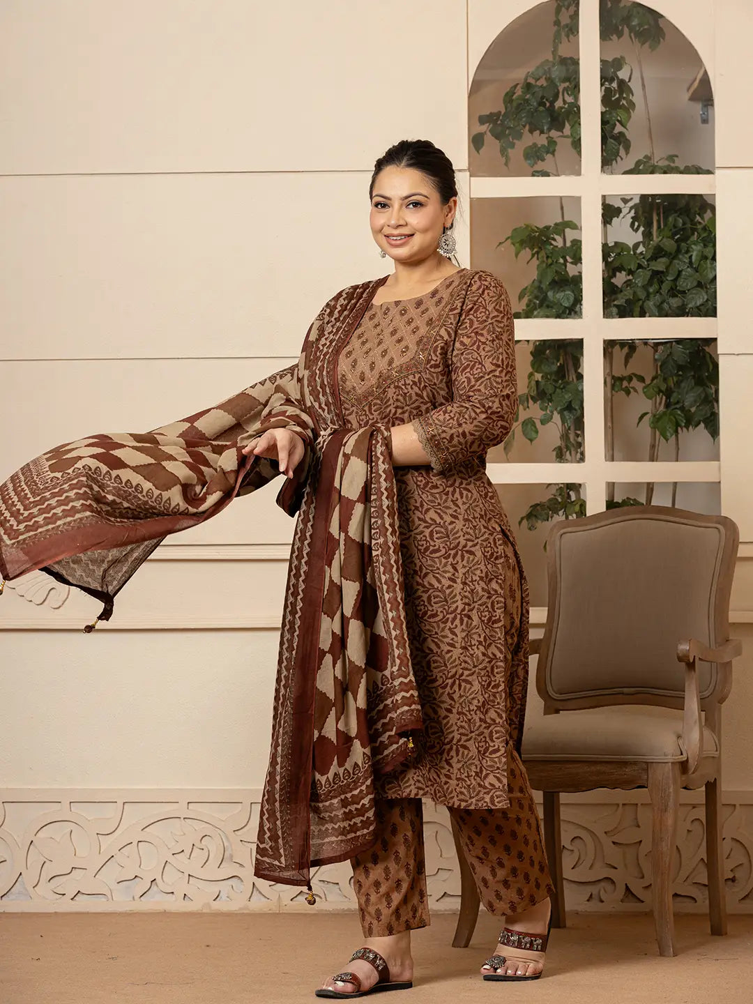 Yufta Cotton Brown Kantha_Work Plus Size Kurta Dupatta Pant Set - Distacart
