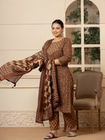 Thumbnail for Yufta Cotton Brown Kantha_Work Plus Size Kurta Dupatta Pant Set - Distacart