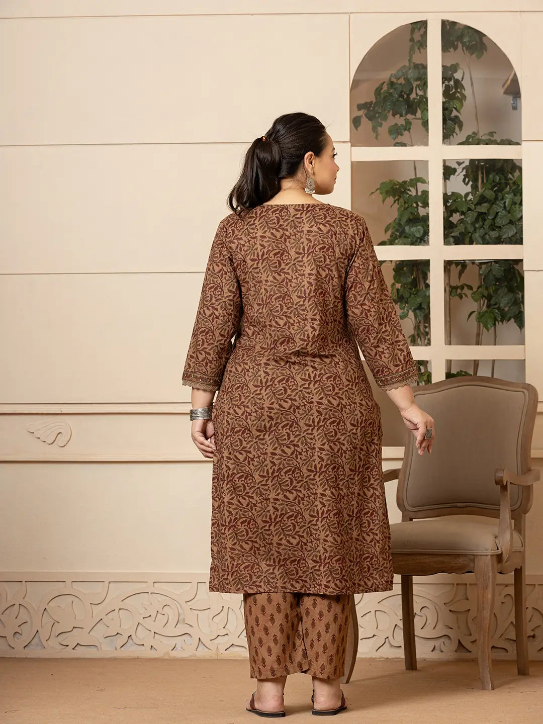 Yufta Cotton Brown Kantha_Work Plus Size Kurta Dupatta Pant Set - Distacart