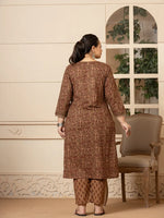 Thumbnail for Yufta Cotton Brown Kantha_Work Plus Size Kurta Dupatta Pant Set - Distacart