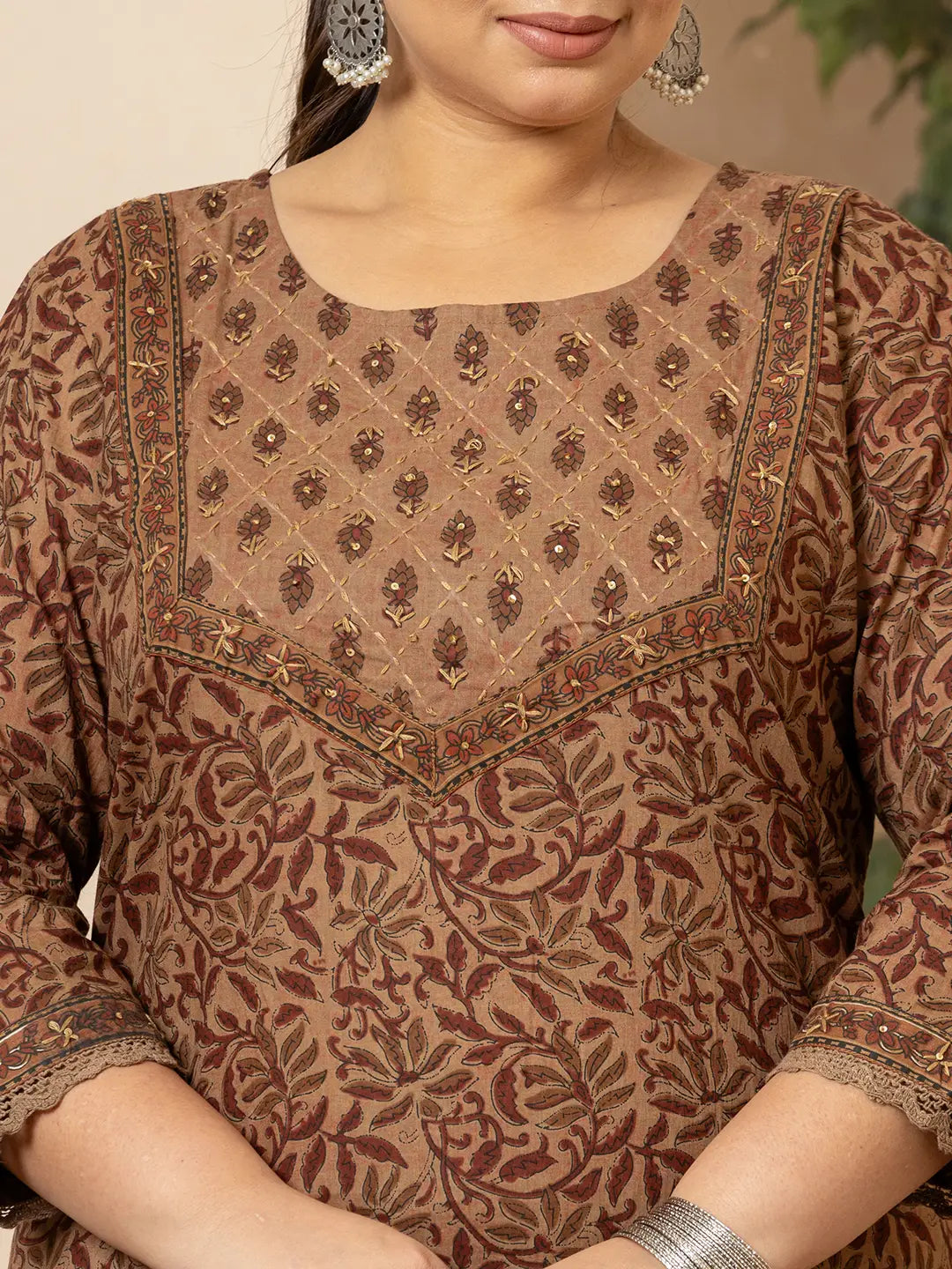 Yufta Cotton Brown Kantha_Work Plus Size Kurta Dupatta Pant Set - Distacart