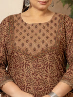 Thumbnail for Yufta Cotton Brown Kantha_Work Plus Size Kurta Dupatta Pant Set - Distacart