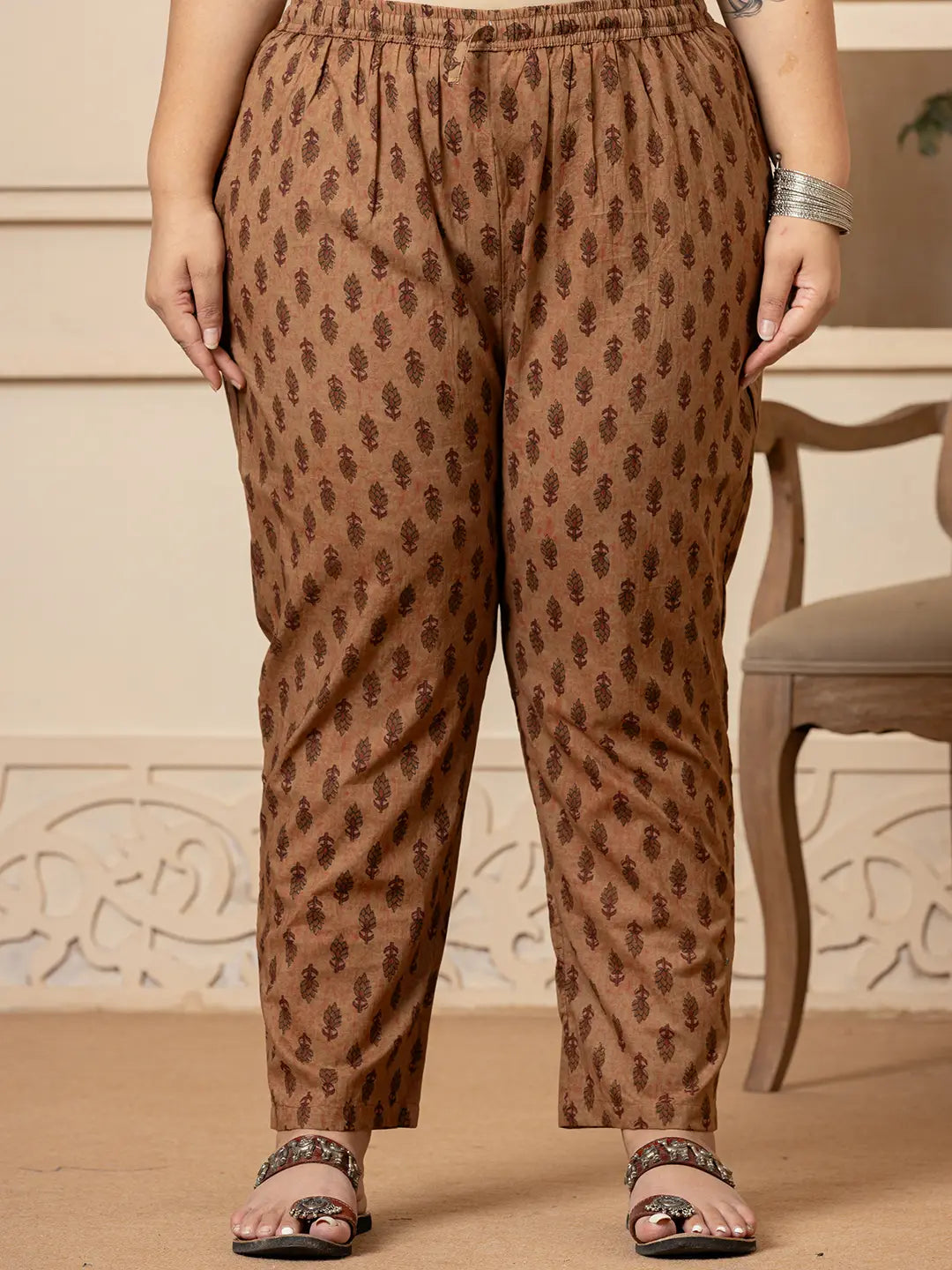 Yufta Cotton Brown Kantha_Work Plus Size Kurta Dupatta Pant Set - Distacart
