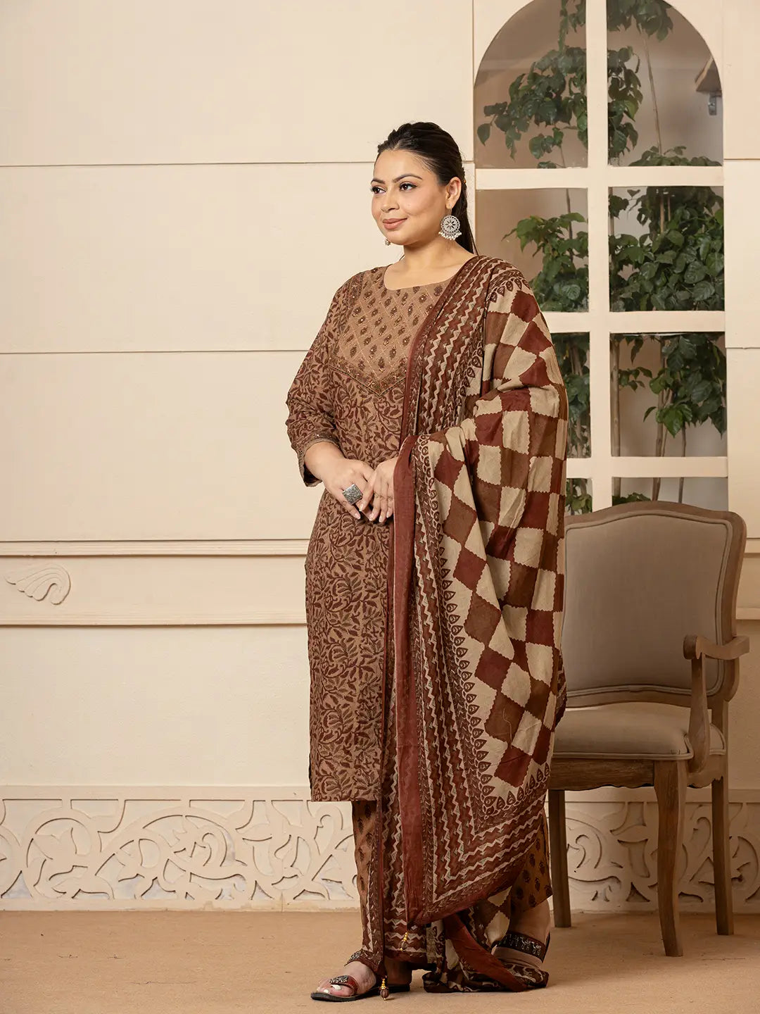 Yufta Cotton Brown Kantha_Work Plus Size Kurta Dupatta Pant Set - Distacart
