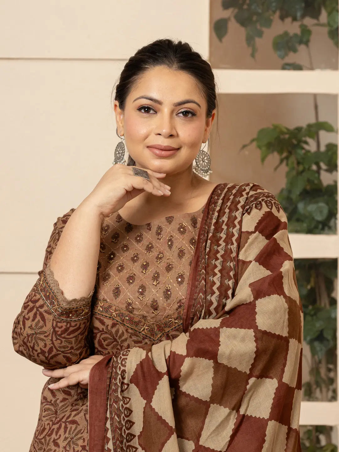 Yufta Cotton Brown Kantha_Work Plus Size Kurta Dupatta Pant Set - Distacart