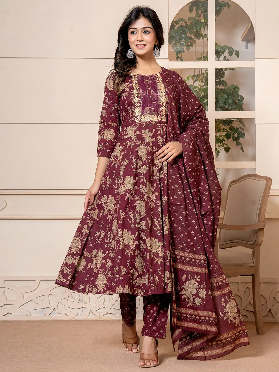 Yufta Cotton Burgundy Anarkali Dupatta Set - Distacart