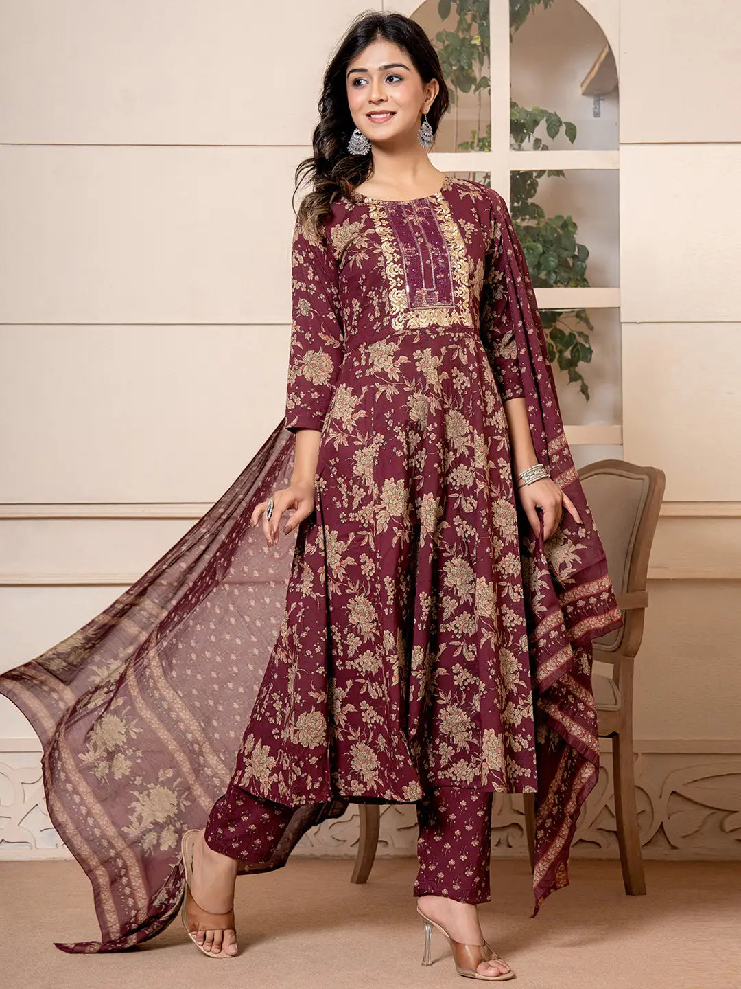 Yufta Cotton Burgundy Anarkali Dupatta Set - Distacart