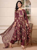 Thumbnail for Yufta Cotton Burgundy Anarkali Dupatta Set