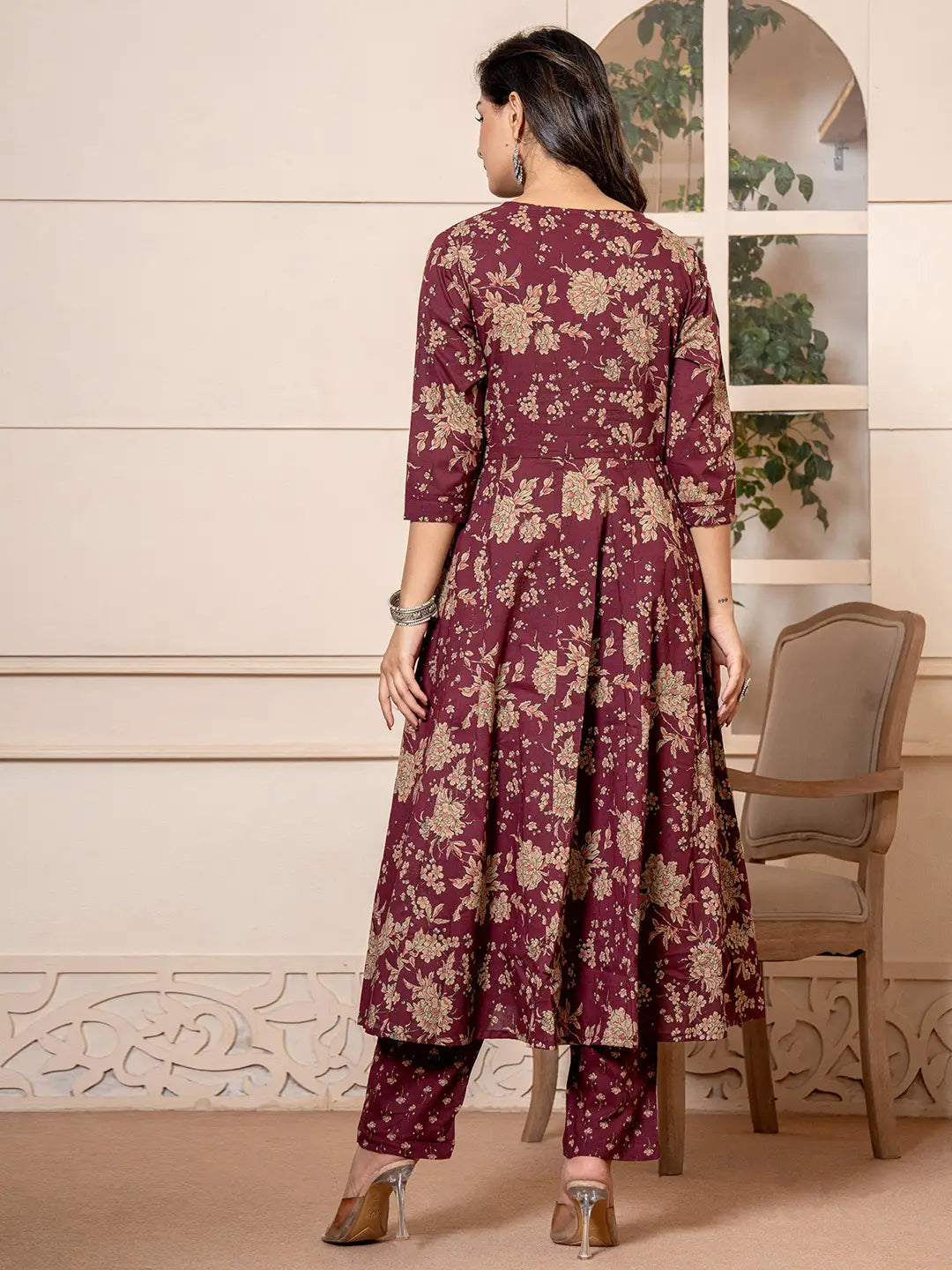 Yufta Cotton Burgundy Anarkali Dupatta Set