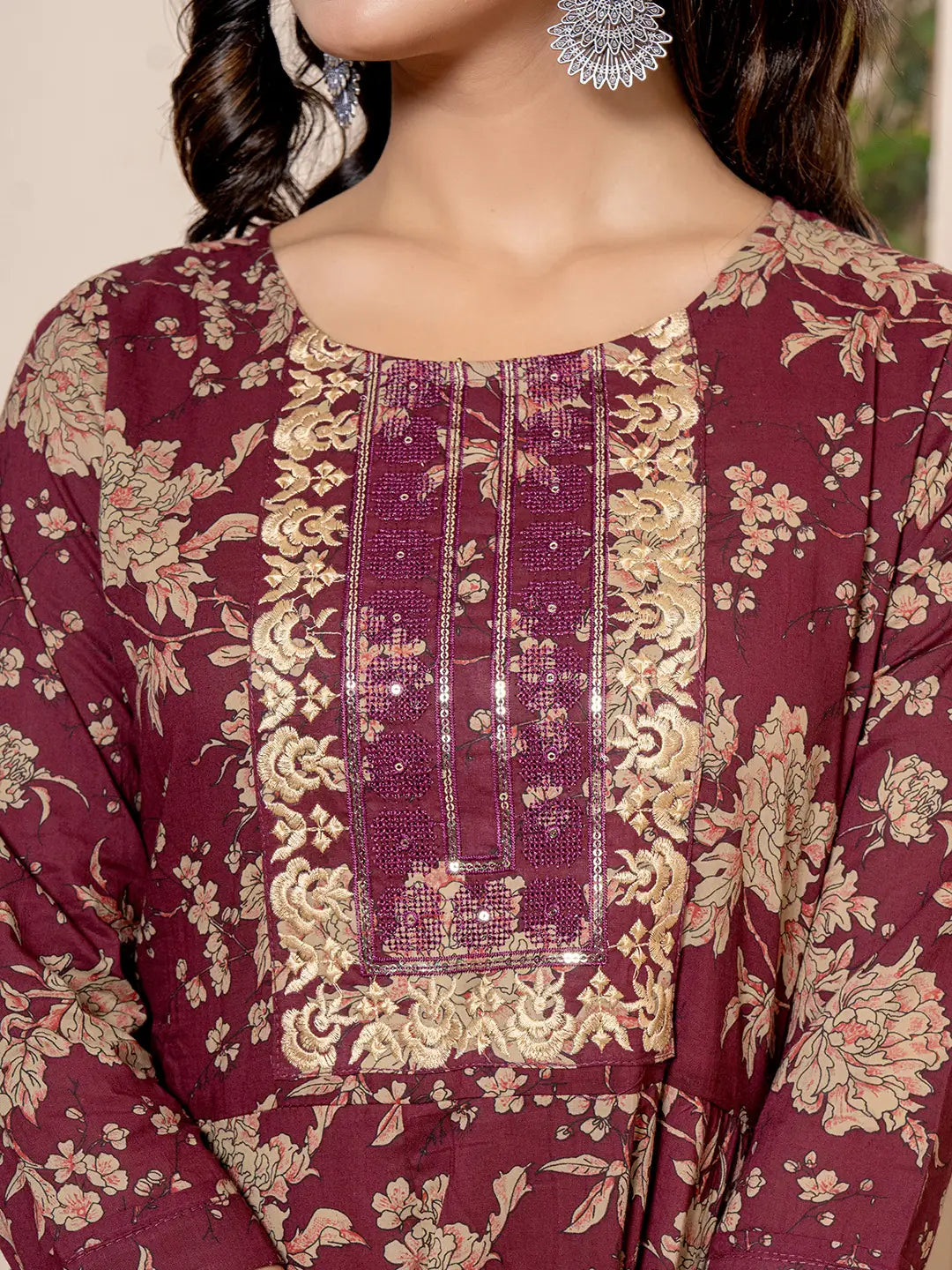 Yufta Cotton Burgundy Anarkali Dupatta Set