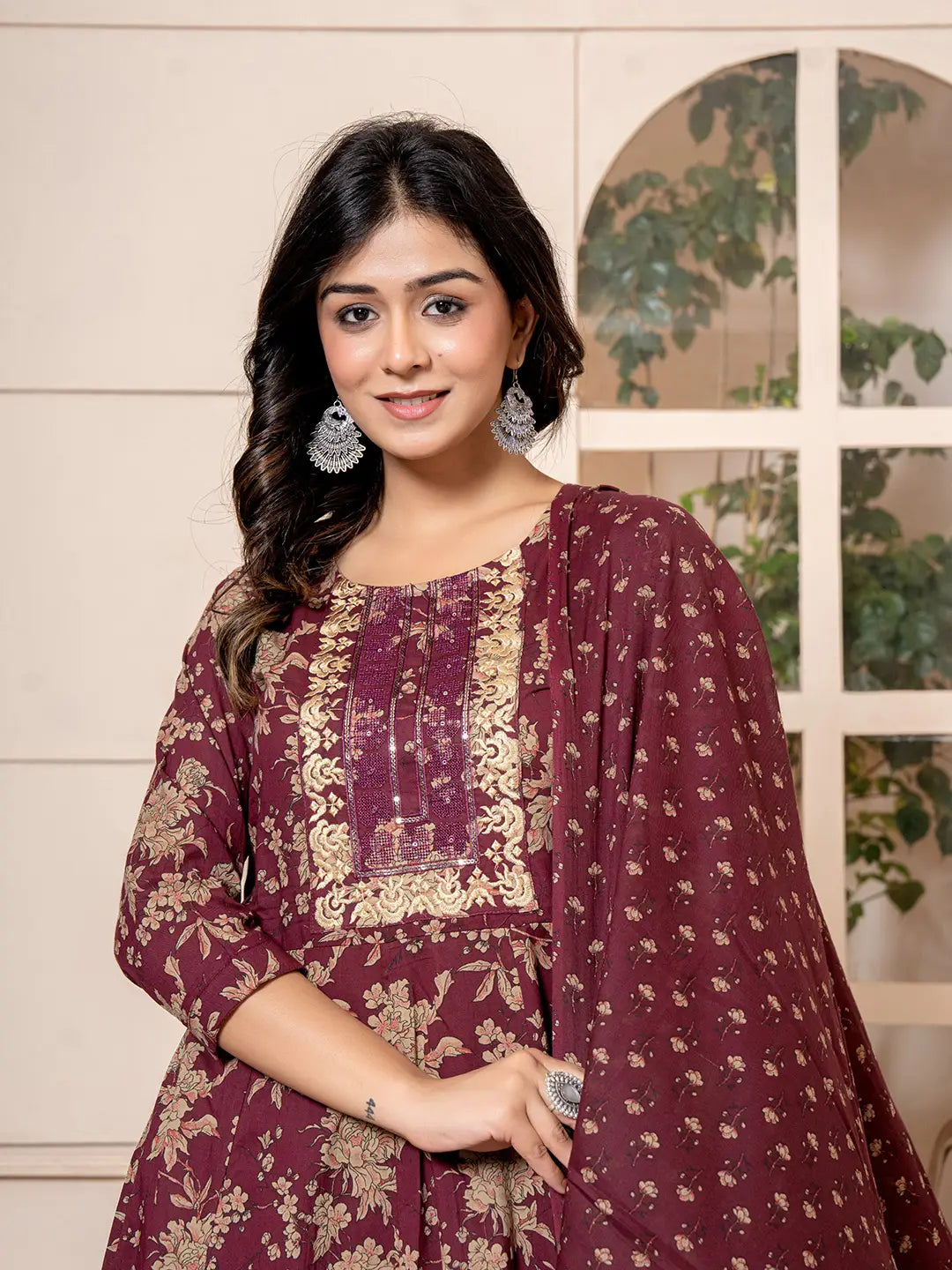 Yufta Cotton Burgundy Anarkali Dupatta Set