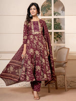 Thumbnail for Yufta Cotton Burgundy Anarkali Dupatta Set