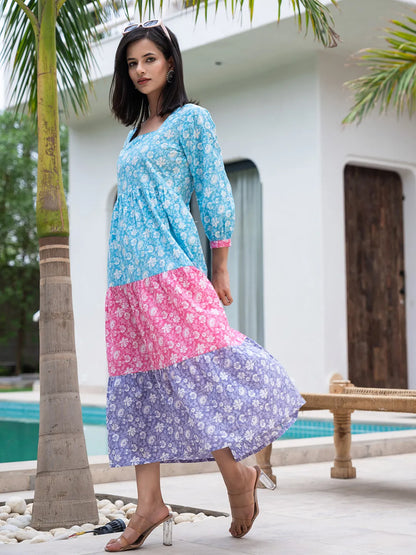 Yufta Blue Cotton Colour Blocking Tiered Dress - Distacart