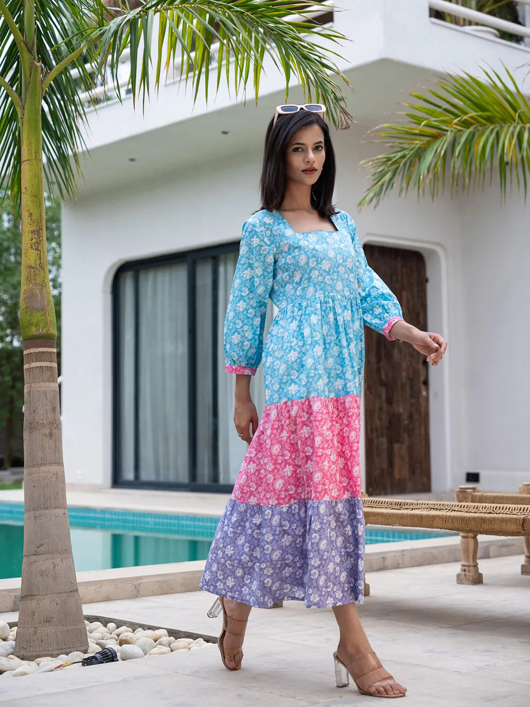 Yufta Blue Cotton Colour Blocking Tiered Dress