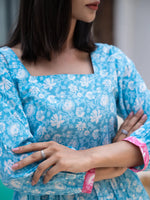 Thumbnail for Yufta Blue Cotton Colour Blocking Tiered Dress