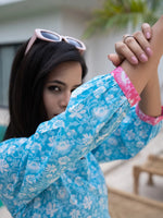 Thumbnail for Yufta Blue Cotton Colour Blocking Tiered Dress