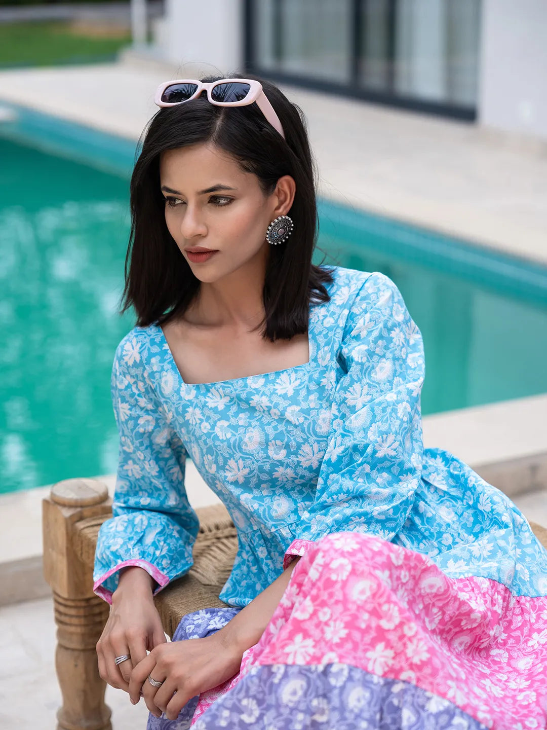 Yufta Blue Cotton Colour Blocking Tiered Dress - Distacart