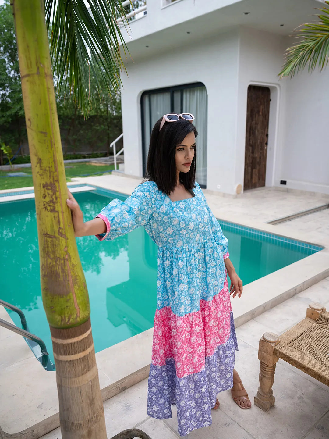 Yufta Blue Cotton Colour Blocking Tiered Dress