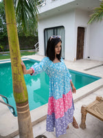 Thumbnail for Yufta Blue Cotton Colour Blocking Tiered Dress