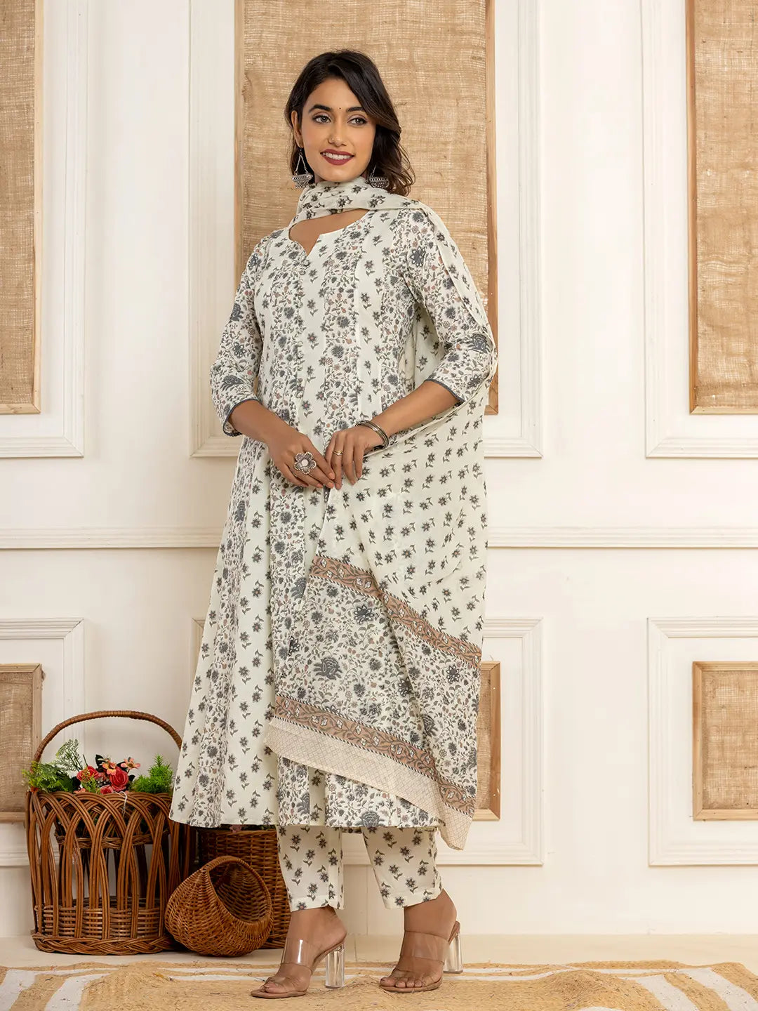 Yufta Cotton Cream Anarkali Kurta Dupatta Set