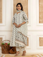 Thumbnail for Yufta Cotton Cream Anarkali Kurta Dupatta Set