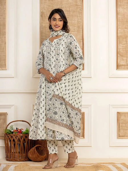 Yufta Cotton Cream Anarkali Kurta Dupatta Set