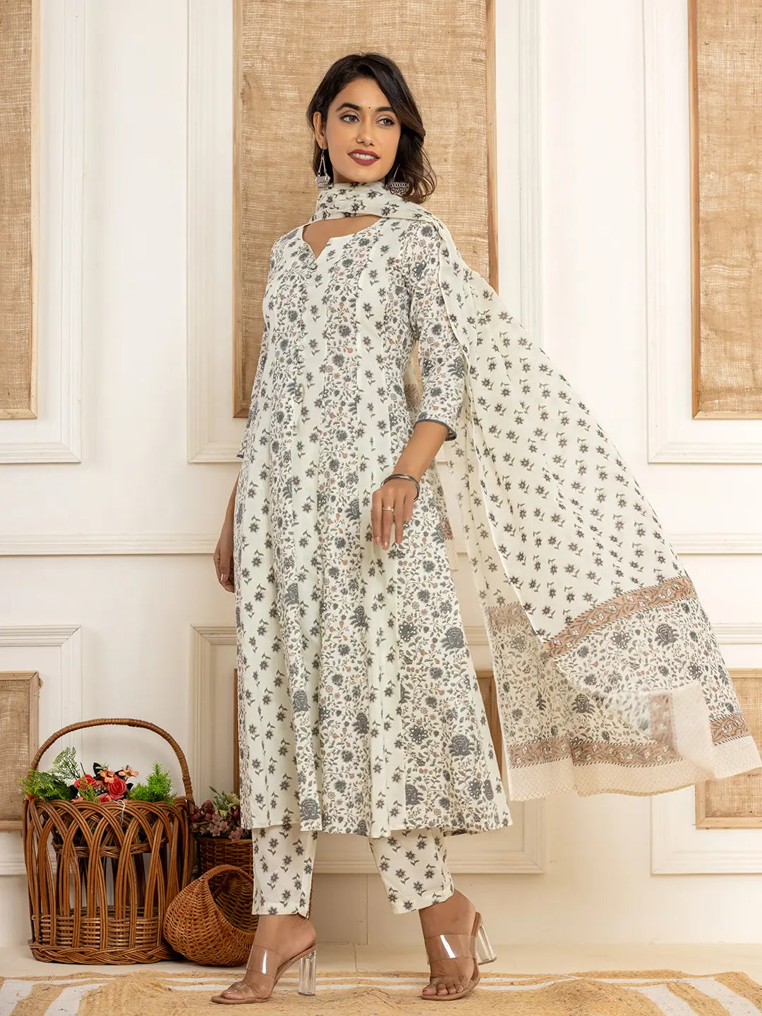 Yufta Cotton Cream Anarkali Kurta Dupatta Set - Distacart