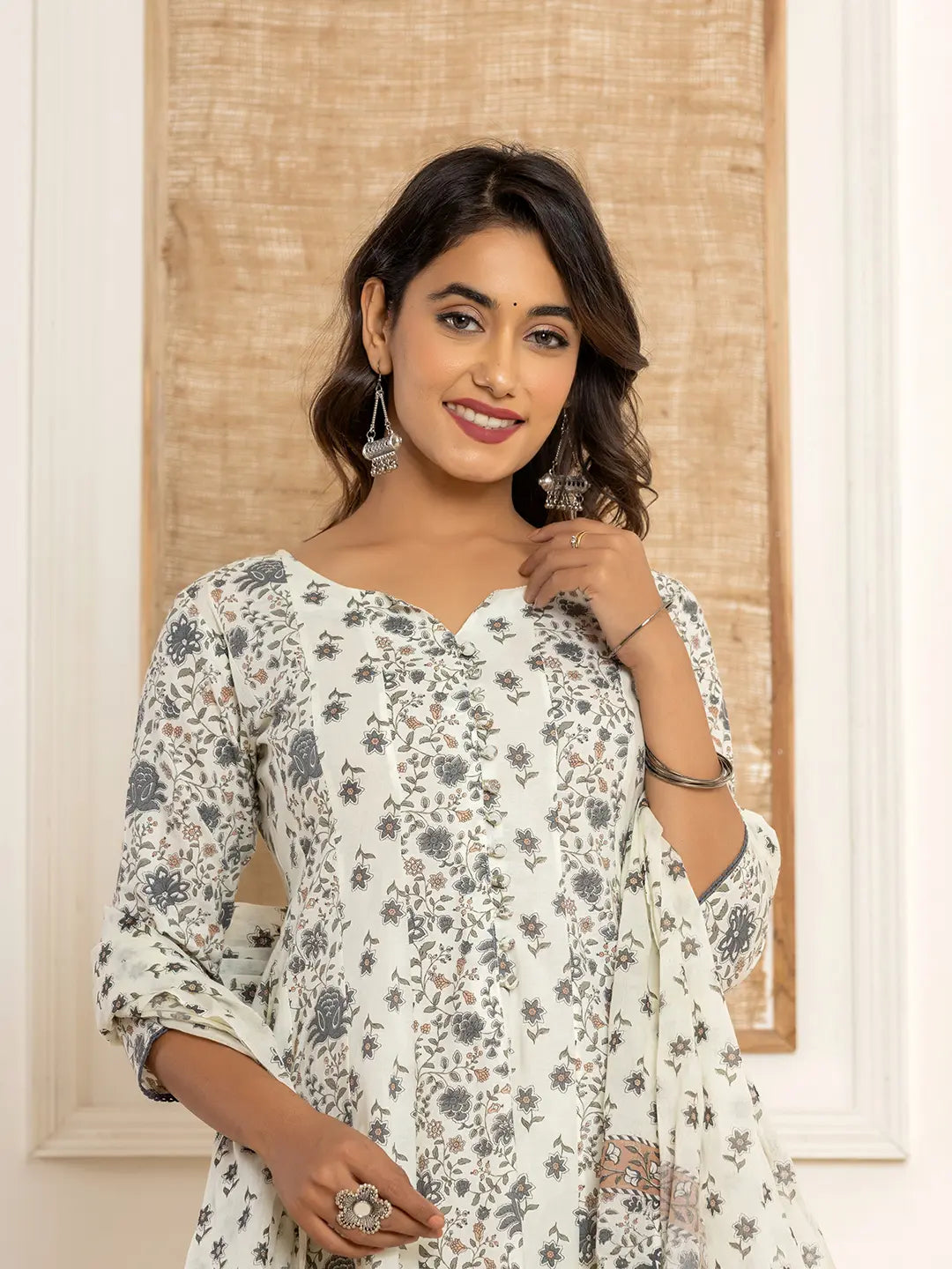 Yufta Cotton Cream Anarkali Kurta Dupatta Set