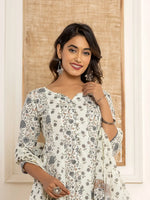 Thumbnail for Yufta Cotton Cream Anarkali Kurta Dupatta Set
