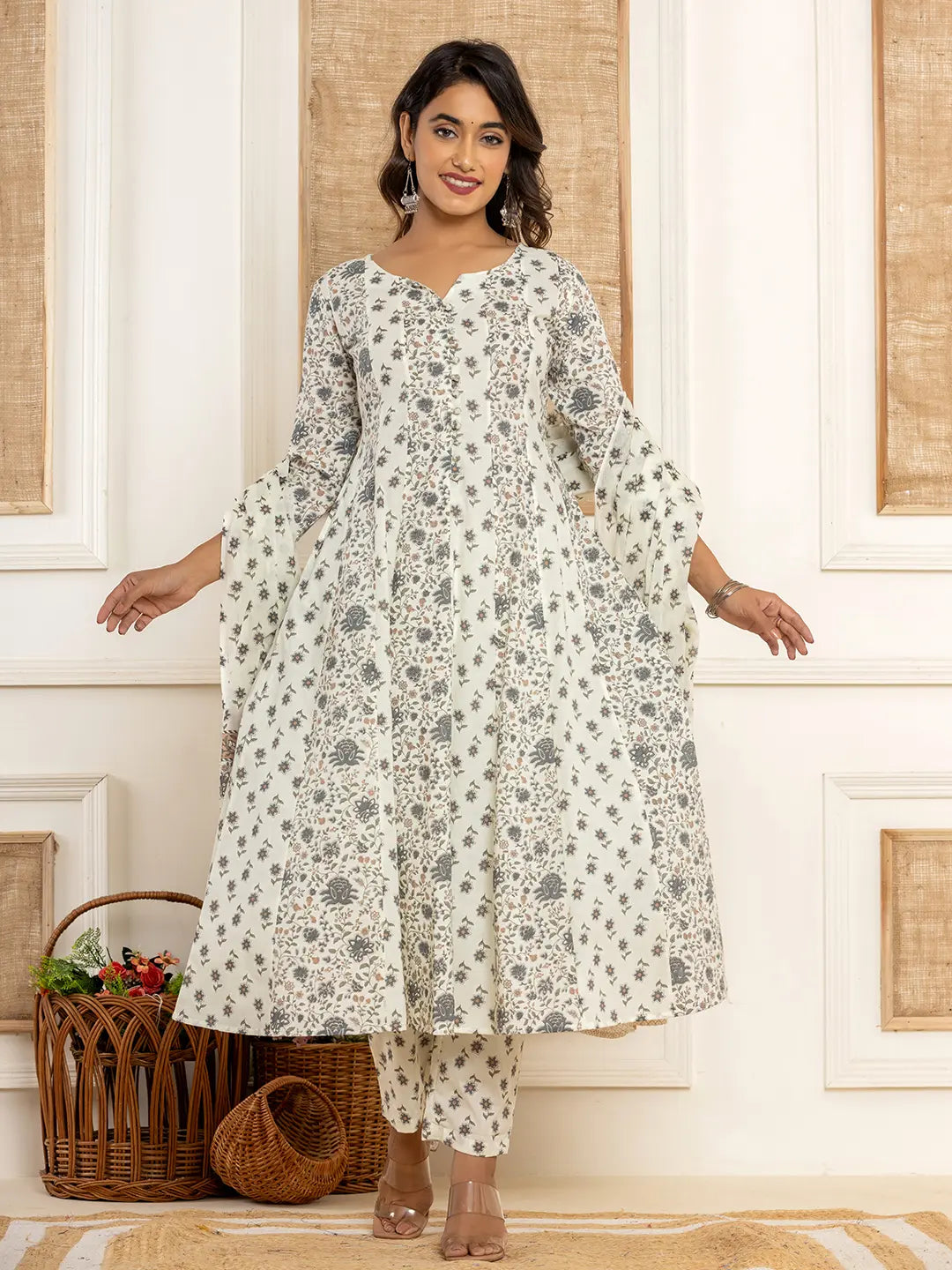 Yufta Cotton Cream Anarkali Kurta Dupatta Set