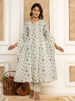 Thumbnail for Yufta Cotton Cream Anarkali Kurta Dupatta Set