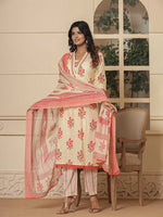Thumbnail for Yufta Cotton Cream And Peach Kurta Dupatta Set
