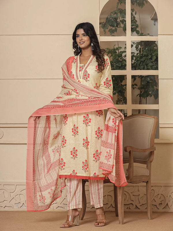 Yufta Cotton Cream And Peach Kurta Dupatta Set