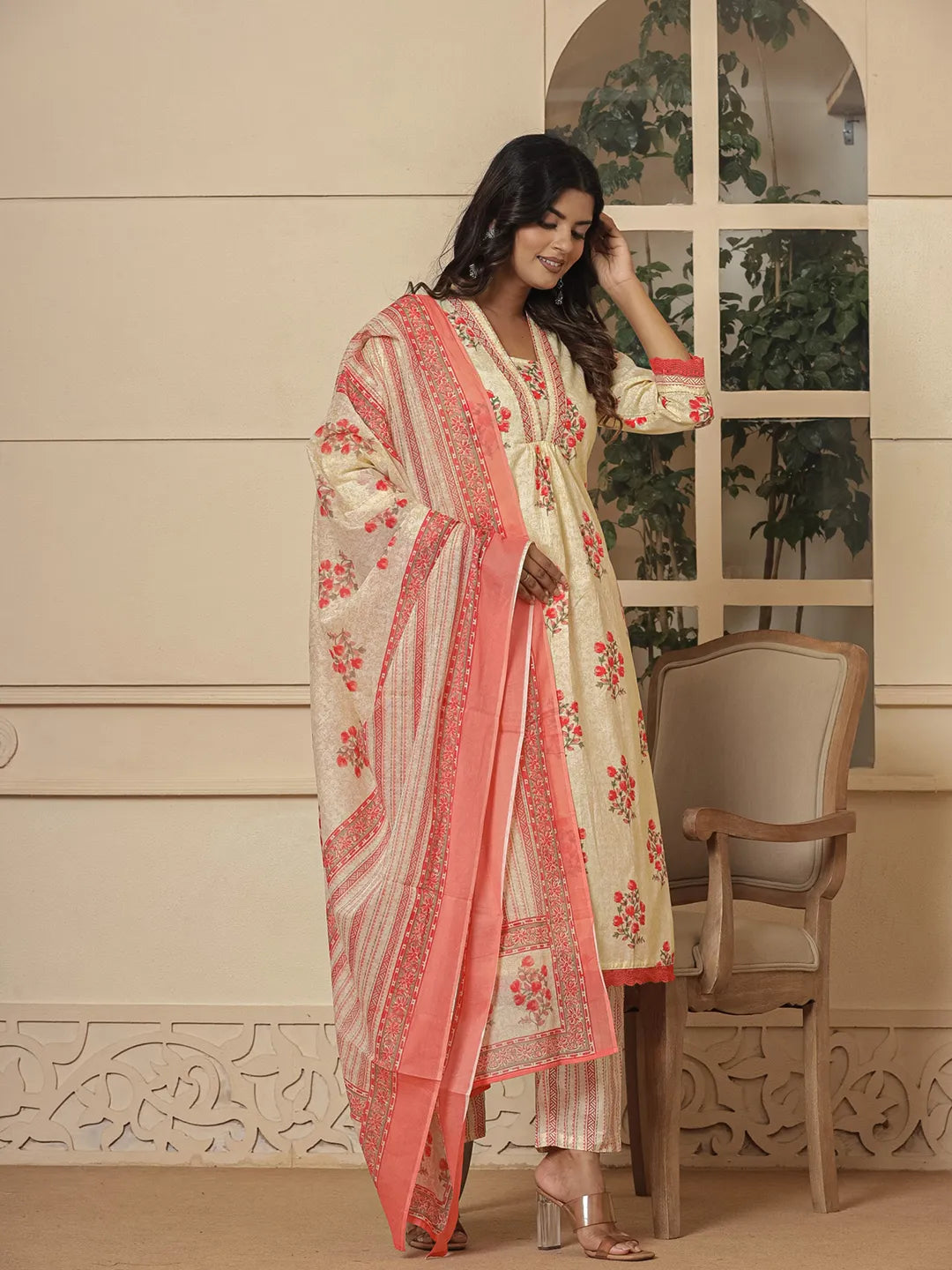 Yufta Cotton Cream And Peach Kurta Dupatta Set - Distacart