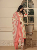 Thumbnail for Yufta Cotton Cream And Peach Kurta Dupatta Set