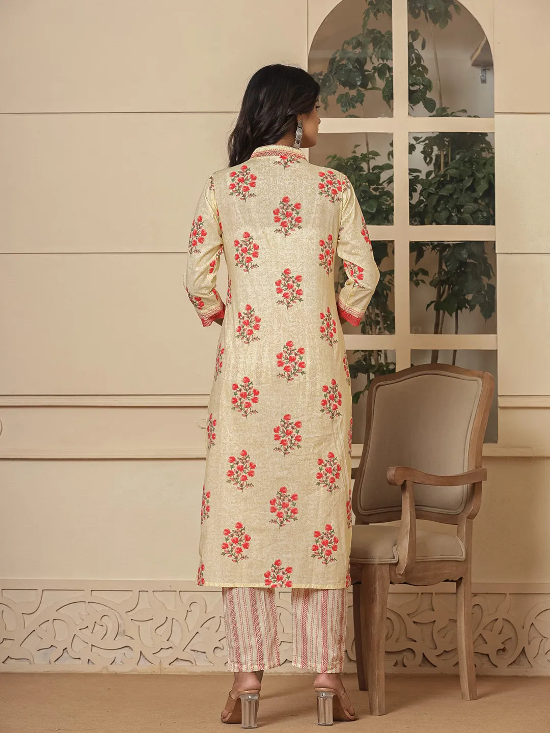 Yufta Cotton Cream And Peach Kurta Dupatta Set