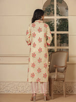 Thumbnail for Yufta Cotton Cream And Peach Kurta Dupatta Set