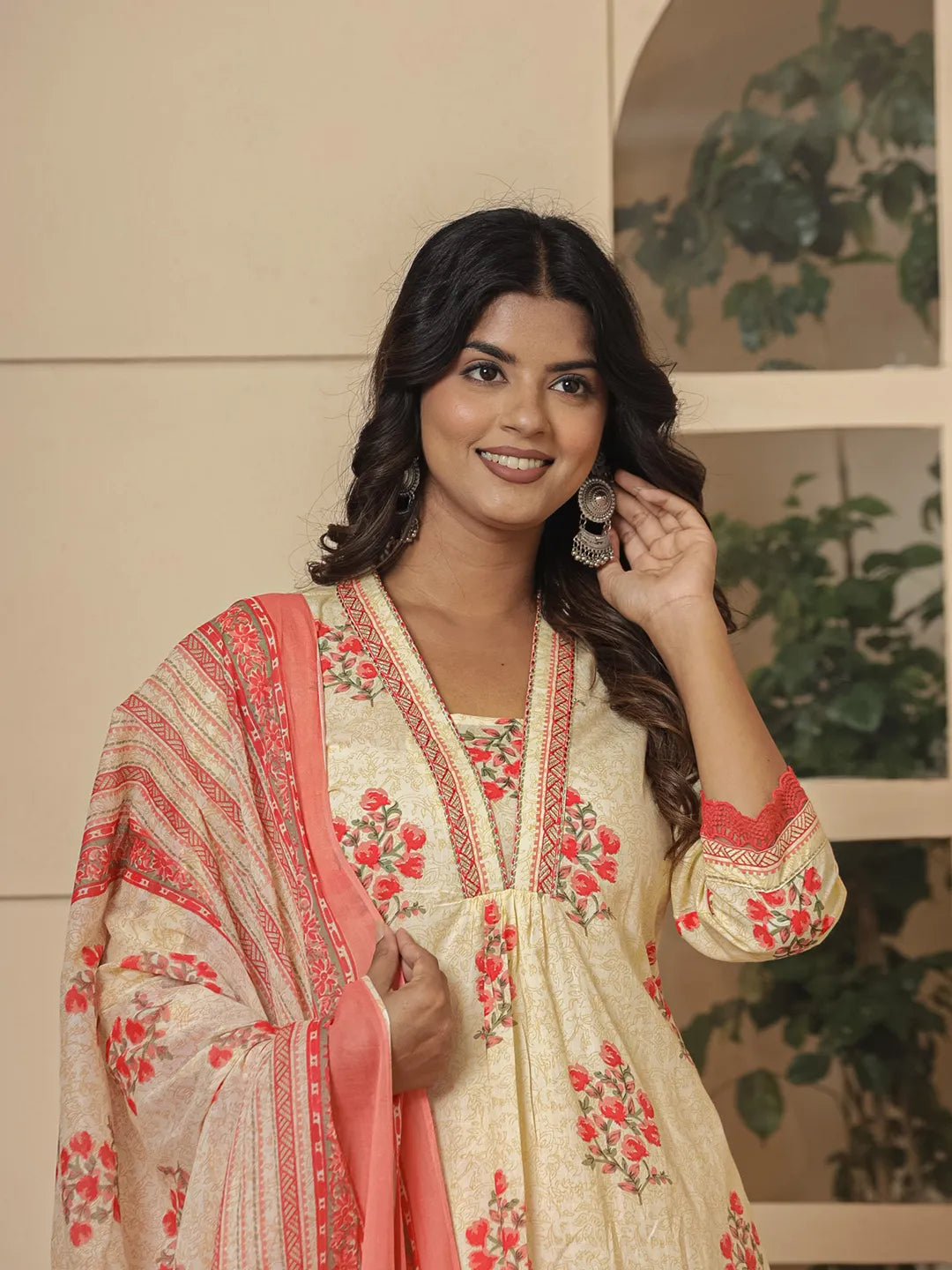 Yufta Cotton Cream And Peach Kurta Dupatta Set