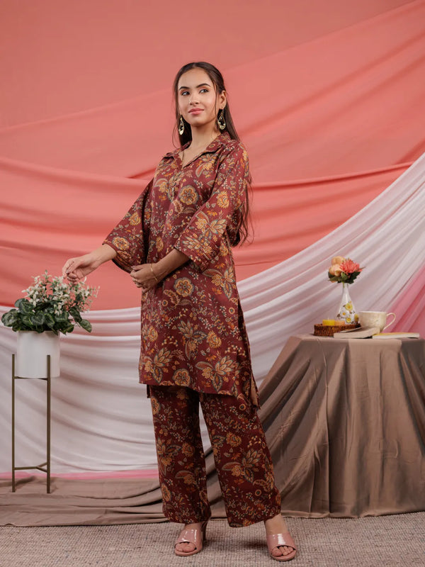 Yufta Cotton Digital Printed Maroon Workwear Co-Ord Set With Pintuck Detailing On Sleeves