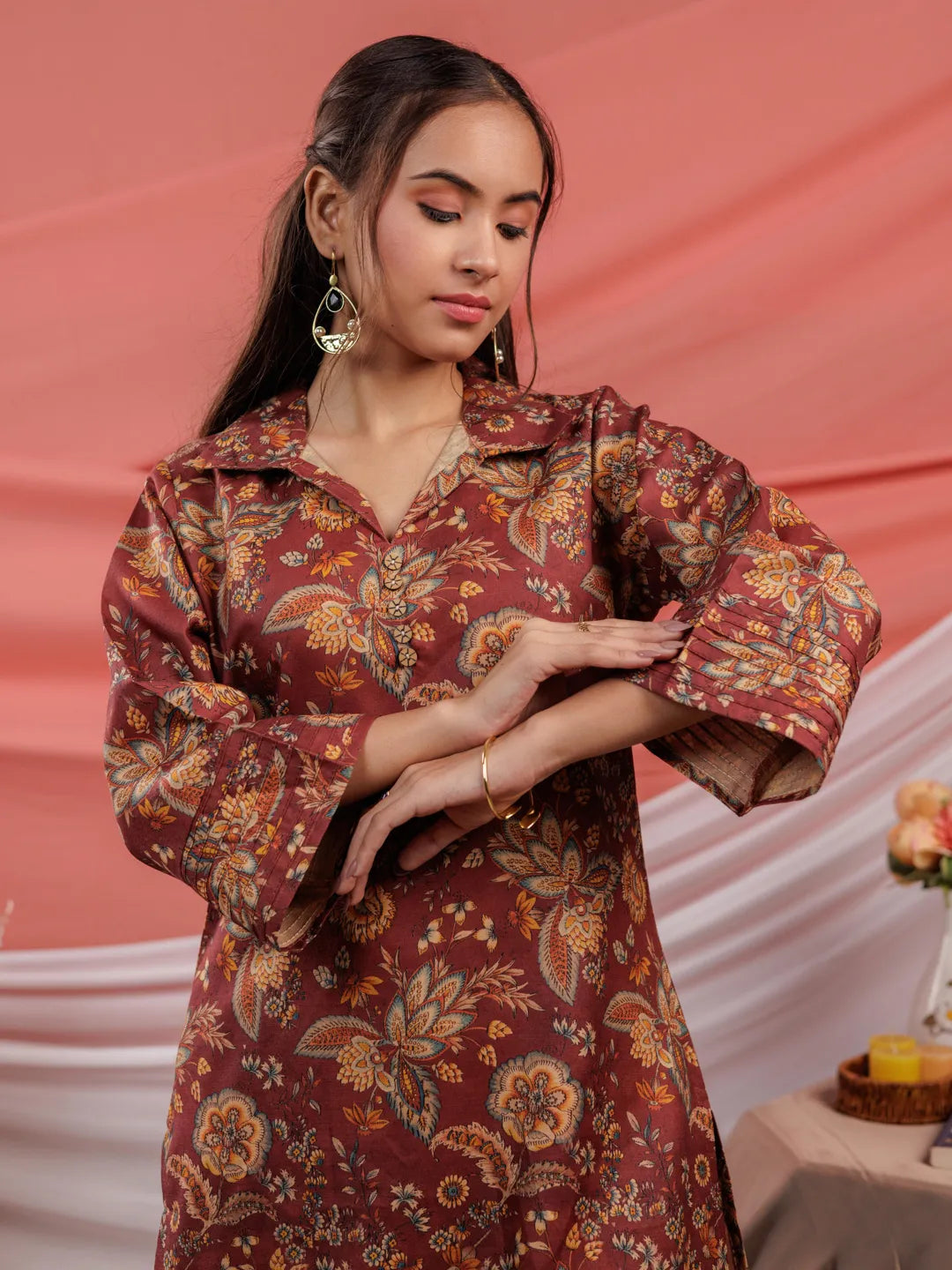 Yufta Cotton Digital Printed Maroon Workwear Co-Ord Set With Pintuck Detailing On Sleeves
