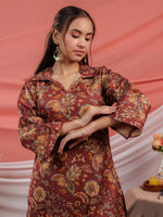Thumbnail for Yufta Cotton Digital Printed Maroon Workwear Co-Ord Set With Pintuck Detailing On Sleeves