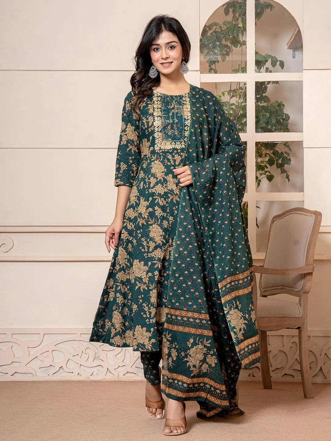 Yufta Cotton Green Anarkali Dupatta Set - Distacart