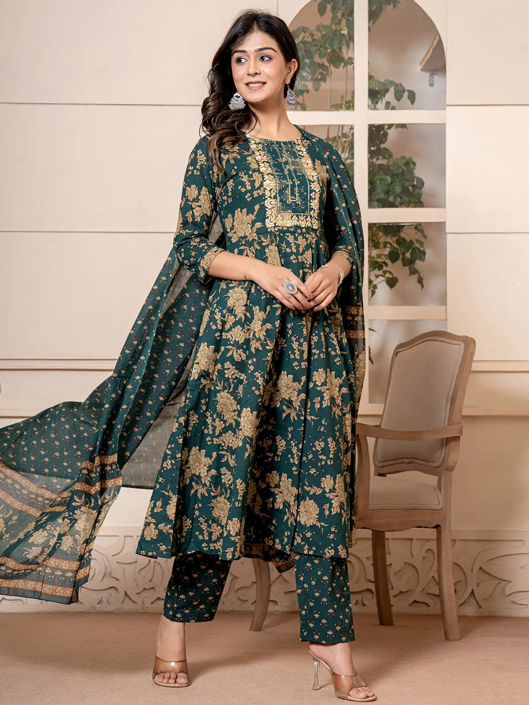 Yufta Cotton Green Anarkali Dupatta Set