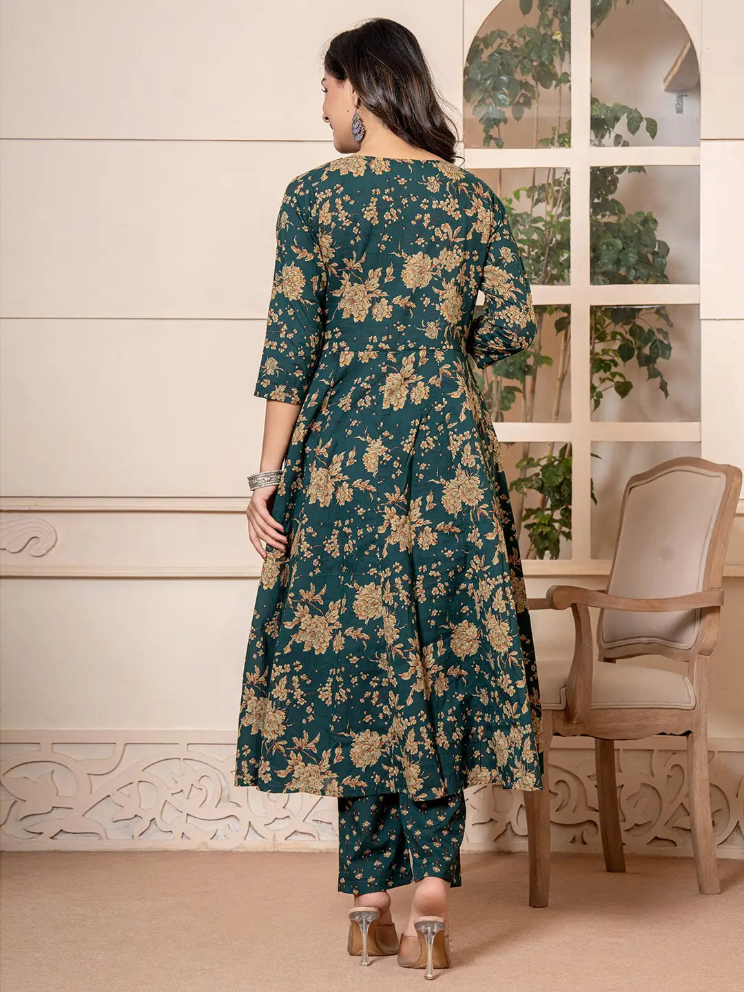 Yufta Cotton Green Anarkali Dupatta Set