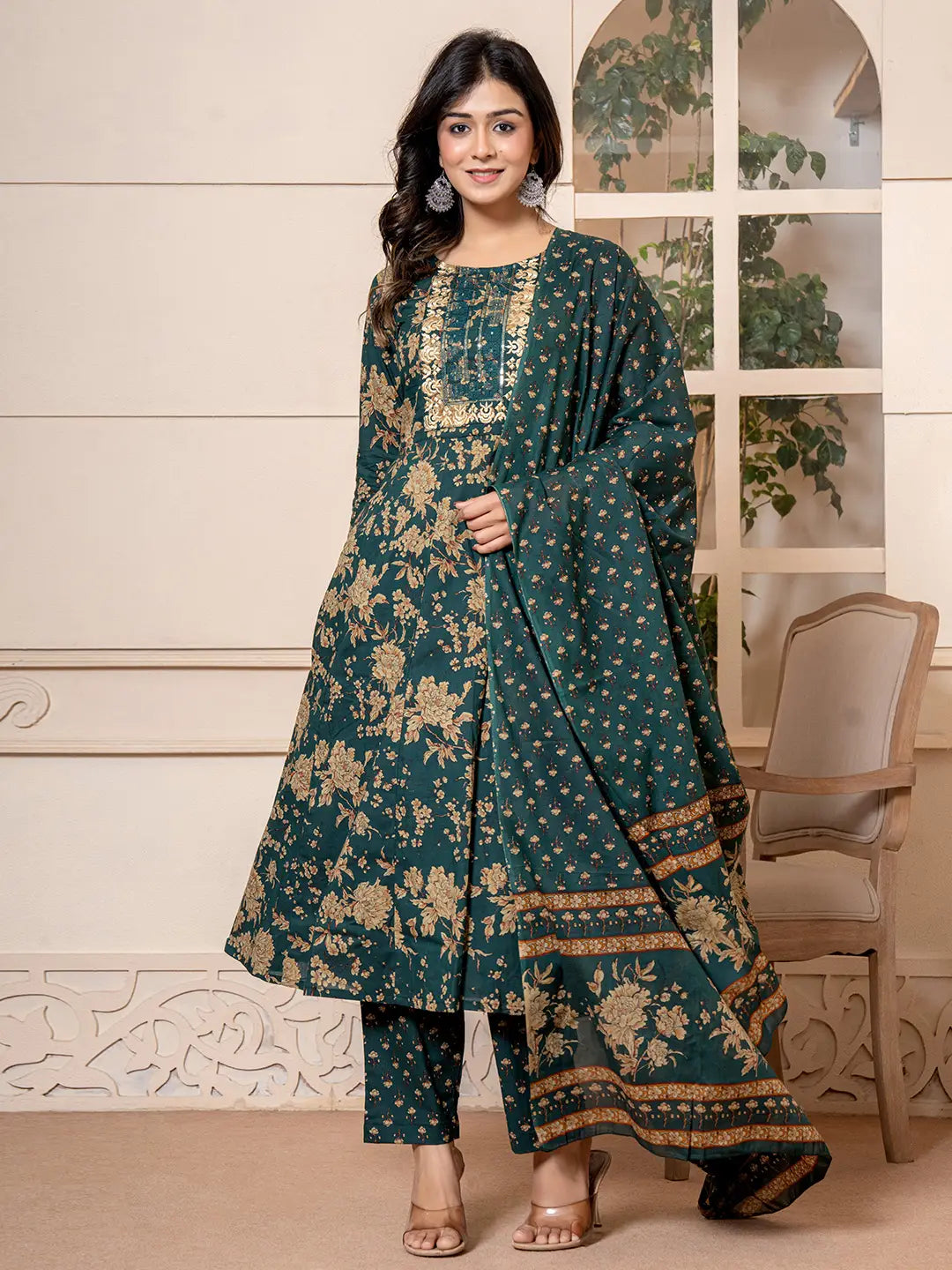 Yufta Cotton Green Anarkali Dupatta Set