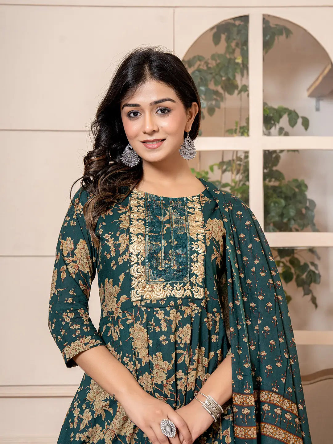 Yufta Cotton Green Anarkali Dupatta Set