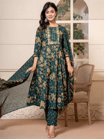 Thumbnail for Yufta Cotton Green Anarkali Dupatta Set